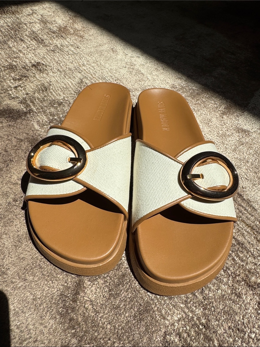 Steve Madden Cream Canvas Slide Sandals Gold Buckles